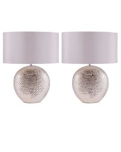 Set of 2 Dimpled Oval Chrome Plated Ceramic Bedside Table Light Base with Grey Faux Silk Oval Fabric Shade