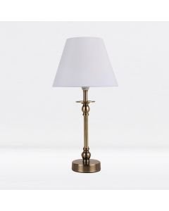 Antique Brass Plated Bedside Table Light with Ball Detail Column White Fabric Shade