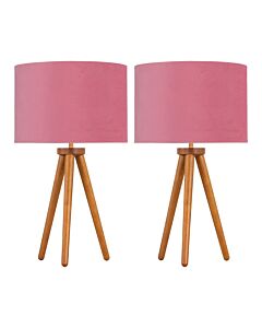 Set of 2 Dark Oak Table Lamp or Bedside Lights with Flamingo Shades