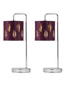 Set of 2 Chrome Arched Table Lamps with Burgundy Fern Cut Out Shades
