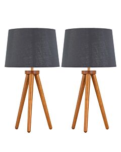 Set of 2 Dark Oak Table Lamp or Bedside Lights with Grey Silver Shades