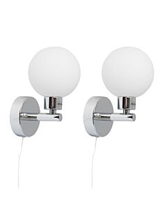 Pair of Polished Chrome IP44 Bathroom Globe Wall Light With Pull Cord Switch