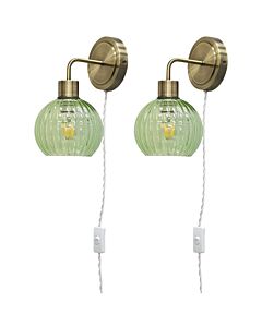 Set of 2 Toby - Antique Brass Plug in Wall Lights Green Globe Shades