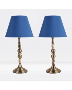 Set of 2 Antique Brass Plated Bedside Table Light with Candle Column Blue Fabric Shade