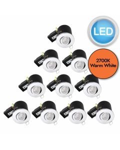 Set of 10 - Chrome Fire Rated Tilt Recessed Ceiling Downlights with Warm White LED Bulbs