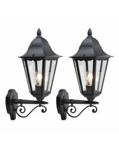 Set of 2 Mansfield - Black with Clear Glass Six Sided Lantern IP44 Outdoor Wall Lights
