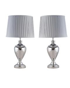 Pair of 58cm Urn Style Table Lamp in Polished Chrome with Grey Pleated Shades