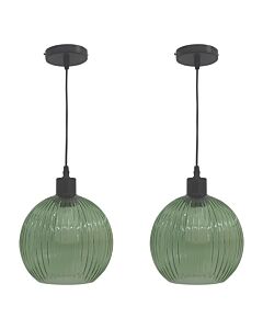 Set of 2 Betchley - Green Ribbed Glass Globe with Black Pendant Fittings