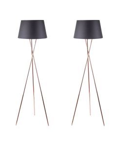 Pair Copper Tripod Floor Lamp with Black Fabric Shade