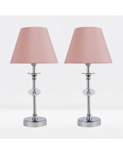 Set of 2 Chrome Plated Stacked Bedside Table Light Faceted Acrylic Detail Blush Pink Fabric Shade