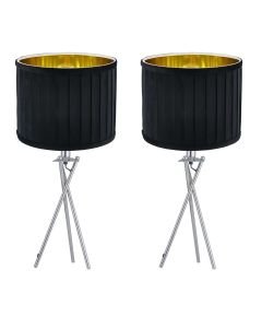 Set of 2 Sundance - Chrome Tripod Table Lamps with Black Pleated Velvet Shades