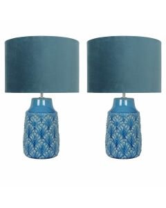 Set of 2 Peacock Ceramic Lamps with Teal Velour Shade