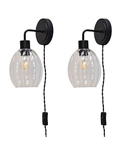 Set of 2 Toby - Black Plug in Wall Lights Fluted Glass Shades