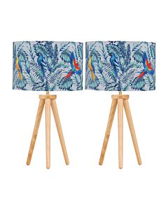 Set of 2 Light Oak Table Lamp Bedside Lights with Parrot Velvet Shades