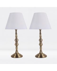 Set of 2 Antique Brass Plated Bedside Table Light with Candle Column White Fabric Shade