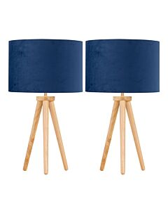 Set of 2 Light Oak Table Lamp or Bedside Lights with Velvet Shades