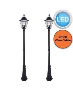 Set of 2 London - LED Black Clear Glass IP44 Solar Outdoor Lamp Posts