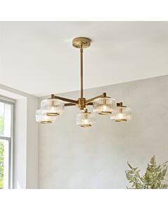 Endon Lighting - Stamford - 120635 - Aged Brass Clear Ribbed Glass 5 Light Ceiling Pendant Light