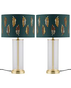 Set of 2 Aura - Satin Brass Lamps with Green Fern Cut Out Shades