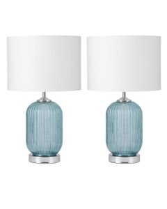 Set of 2 Turquoise Ribbed Glass Lamps with White Shades