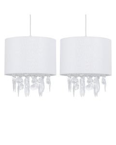 Set of 2 Fiji - White Linen with Silver Fleck Detail Jewelled Pendant Shades
