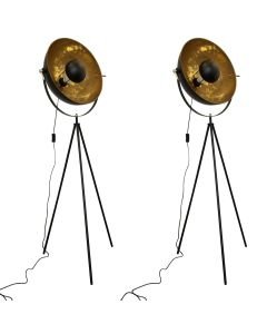 Set of 2 Black Tripod Studio Lamps with Gold Leaf Shades