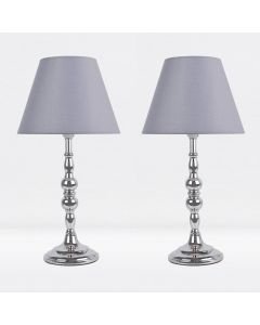 Set of 2 Chrome Plated Bedside Table Light with Candle Column Grey Fabric Shade