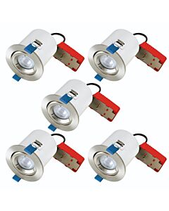Set of 5 - Satin Chrome Fire Rated Tilt Recessed Ceiling Downlights with Warm White LED Bulbs