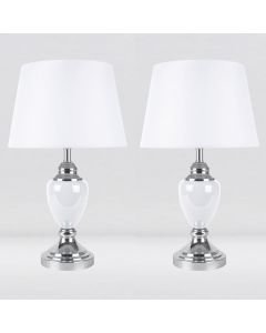 Set of 2 Chrome and White Urn Table Lamps with White Shades
