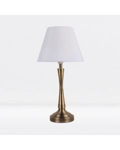 Antique Brass Plated Bedside Table Light with Curved Column White Fabric Shade