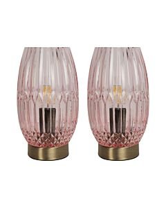 Set of 2 Facet - Antique Brass with Pink Faceted Glass Table Lamps