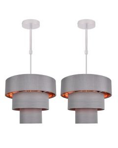 Set of 2 Staggered 3 Tier Grey Faux Silk Slub Fabric Ceiling Adjustable Flush Shade with Copper Board Inner