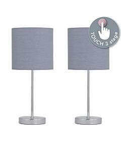 Set of 2 Chrome Touch Operated Table Lamp with Grey Cotton Shades