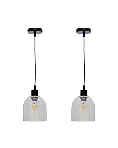 Set of 2 Belten - Clear Glass Cloche with Black Pendant Fittings