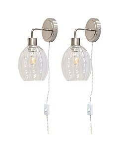 Set of 2 Toby - Satin Nickel Plug in Wall Lights Fluted Shades