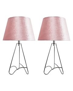 Set of 2 Tripod - Chrome Curved Tripod 45cm Table Lamps With Pink Crushed Velvet Shades