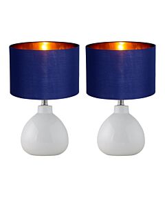 Set of 2 Tuscan - White Ceramic Lamps with Navy Blue & Gold Shade