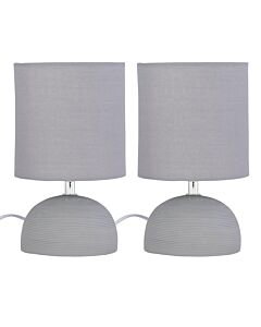 Set of 2 Grey Ribbed Ceramic 24cm Lamps with Fabric Shade