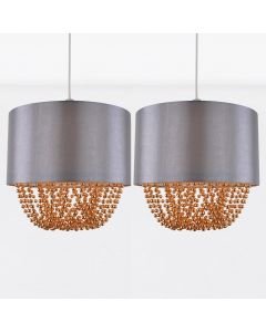 Set of 2 Grey Faux Silk & Copper Jewelled Ceiling Light Shades