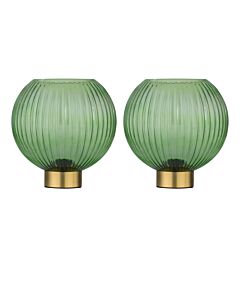 Set of 2 Betchley - Battery Operated Satin Brass Lamp with Green Glass