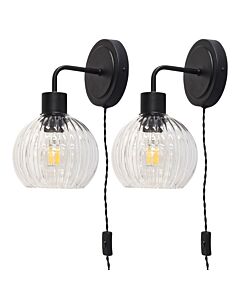 Set of 2 Toby - Black Plug in Wall Lights Clear Ribbed Shades