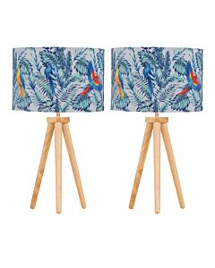 Set of 2 Light Oak Table Lamp Bedside Lights with Parrot Velvet Shades