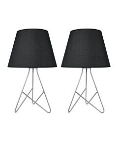 Set of 2 Tripod - Silver 42cm Table Lamps With Black Fabric Shades