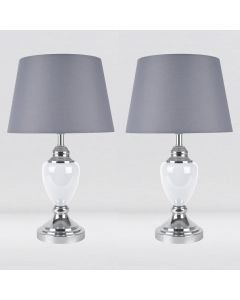 Set of 2 Chrome and White Urn Table Lamps with Grey Shades