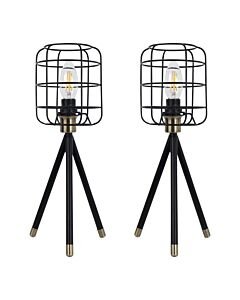 Set of 2 Cage - Black and Antique Brass Industrial Style Tripod Table Lamps