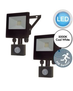 Set of 2 Tec10 PIR - LED Black Clear Glass IP65 Outdoor Sensor Floodlights