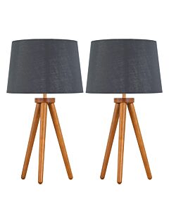 Set of 2 Dark Oak Table Lamp or Bedside Lights with Grey Silver Shades