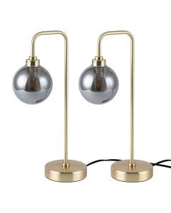 Set of 2 Toner - Satin Brass with Smoked Glass Globe Table Lamps