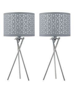 Set of 2 Chrome Tripod Table Lamps with Grey Laser Cut Shades