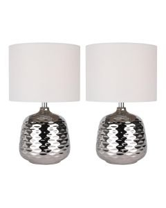 Set of 2 Chrome Ceramic Dimple Table Lamps with White Shades